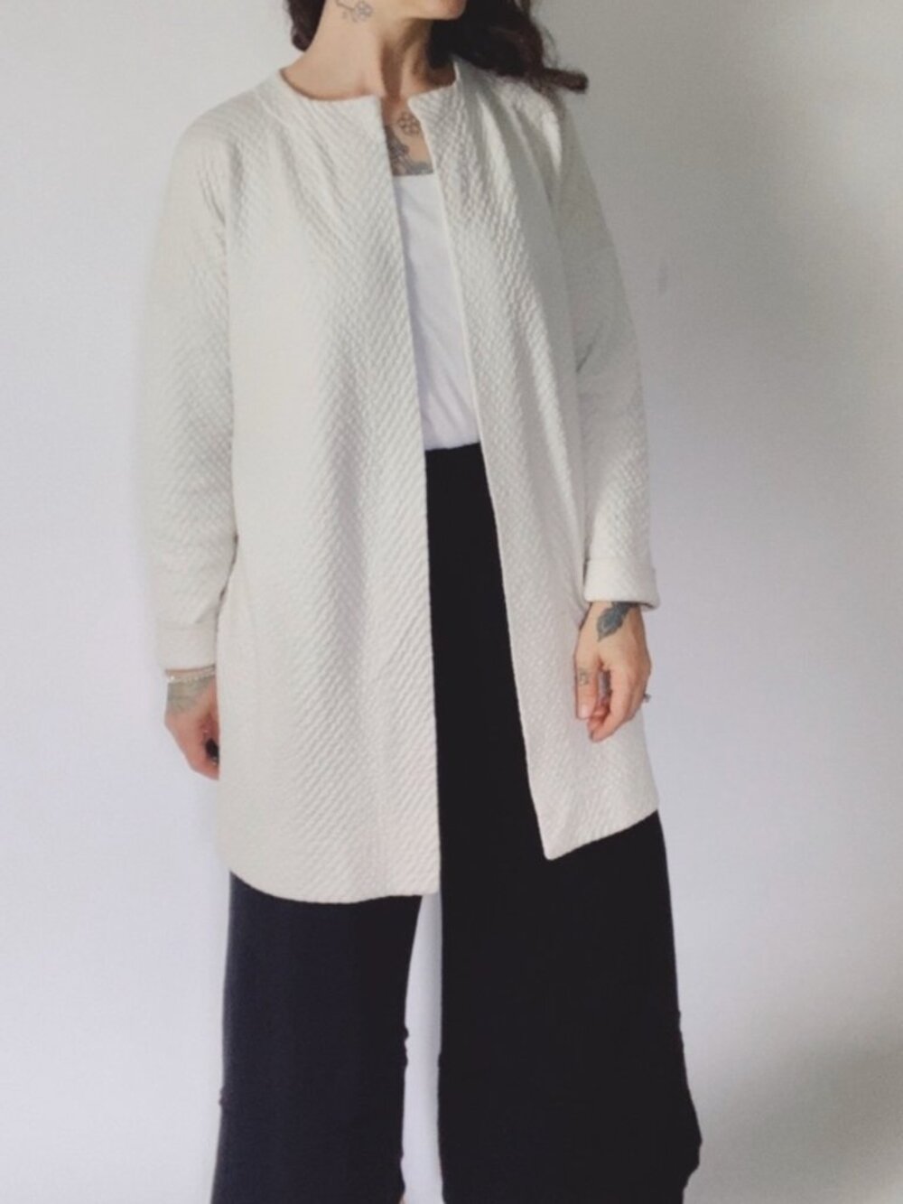 EILEEN FISHER Women's EUC Silk/Organic Cotton Quilted Cardigan‎ Oyster | Size M